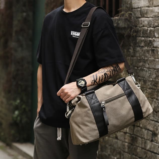 キャリーオンバッグ キャンバス地レザーハンドル旅行用ボストンバッグ