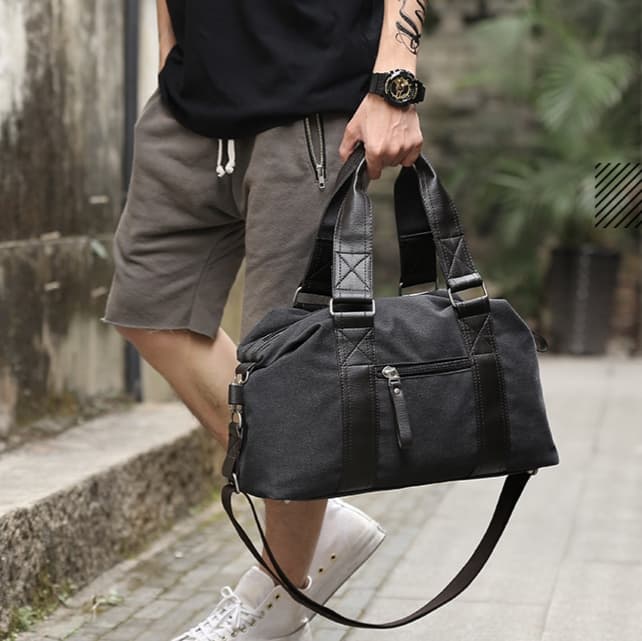 キャリーオンバッグ キャンバス地レザーハンドル旅行用ボストンバッグ