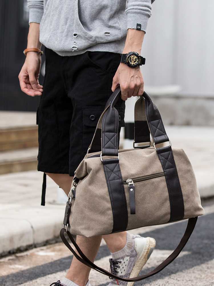 キャリーオンバッグ キャンバス地レザーハンドル旅行用ボストンバッグ