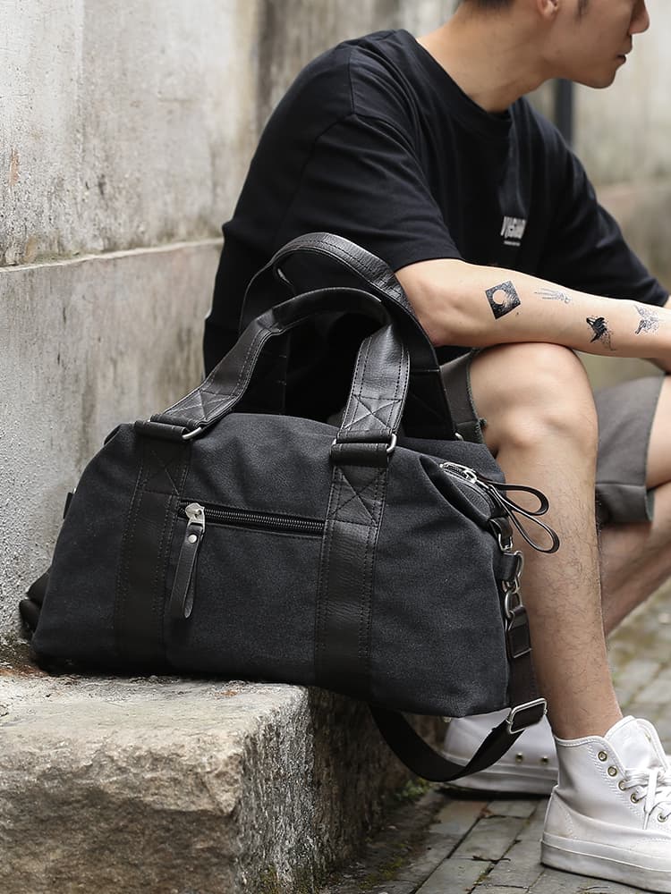 キャリーオンバッグ キャンバス地レザーハンドル旅行用ボストンバッグ